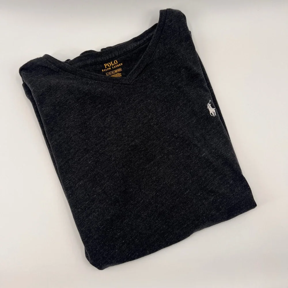 Polo Ralph Lauren Men's V-Neck T-Shirt Dark Gray Heathered Logo Size L G‎